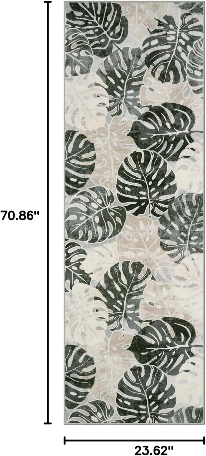 Wonnitar 2x6 Bathroom Rug Runner, Washable Leaf Runner Rugs for Hallway, Non-Slip Tropical Plant Long Carpet Monstera Low Pile Accent Mats for Bedside Kitchen Entrance Closet, Dark Jungle Green