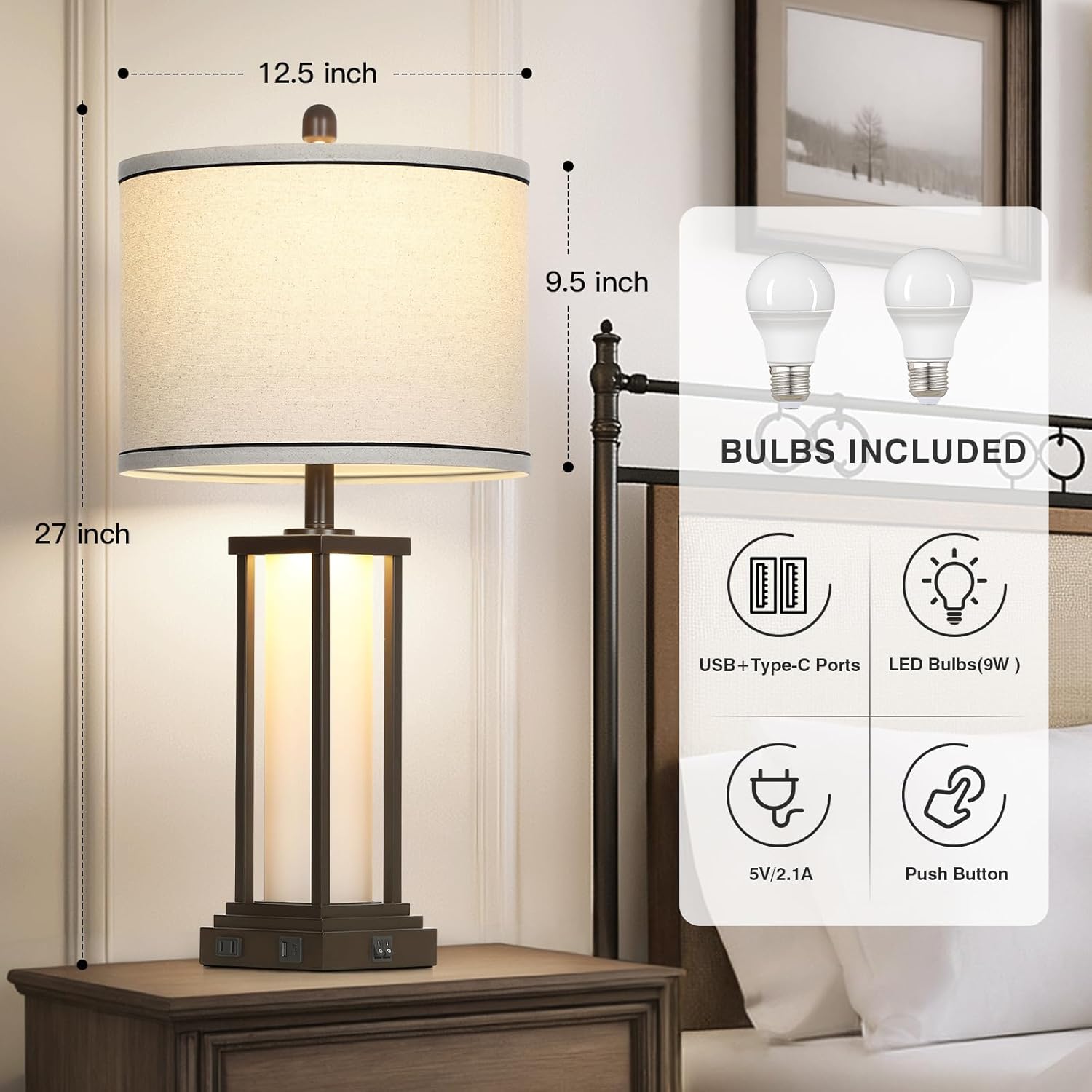 27" Tall Vintage Table Lamps with USB C+A & Outlet,Brown End Table Lamp Set of 2 for Living Room,Rustic Bedside Lamps with Frosted Glass Night Light for Bedroom Nightstand,Oil-Rubbed Bronze