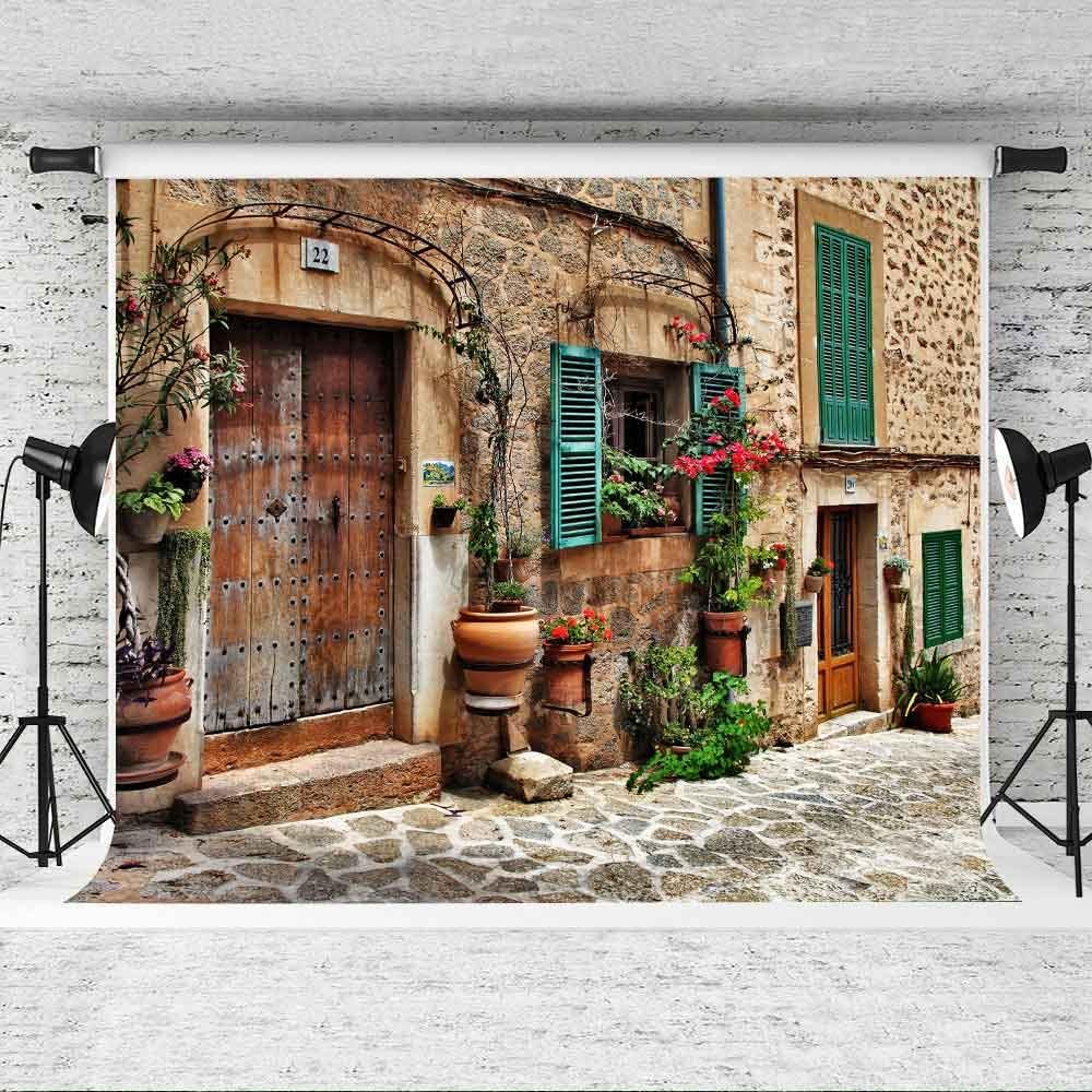 EOALOR 7(W) x5(H) FT Streets Mediterranean Towns Photography Backdrop, Flower Door Windows Wall European Travel Hiking Party Background, Photo Booth Room Studio Props 10646