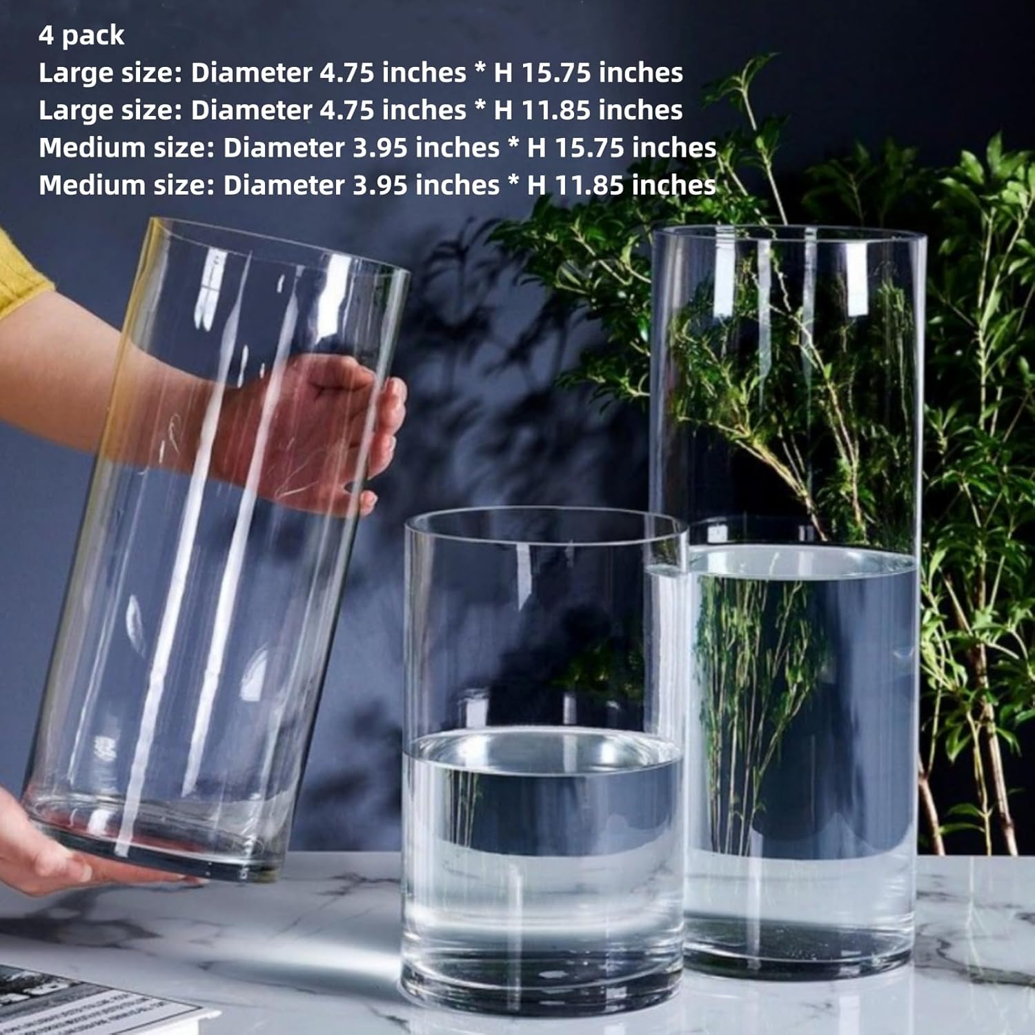 4 Pcs Acrylic Clear Cylinder Flower Vase for Plants Bouquet, Unbreakable Hurricane Tall Large Plastic Vases for Wedding Decor, High Hydroponic Floor Vase (H 10" + H 12" 2 Each No Flowers)