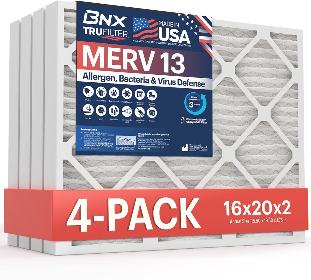 BNX TruFilter 16x20x2 MERV 13 (4-Pack) AC Furnace Air Filter - MADE IN USA - Electrostatic Pleated Air Conditioner HVAC AC Furnace Filters - Removes Pollen, Mold, Bacteria, Smoke