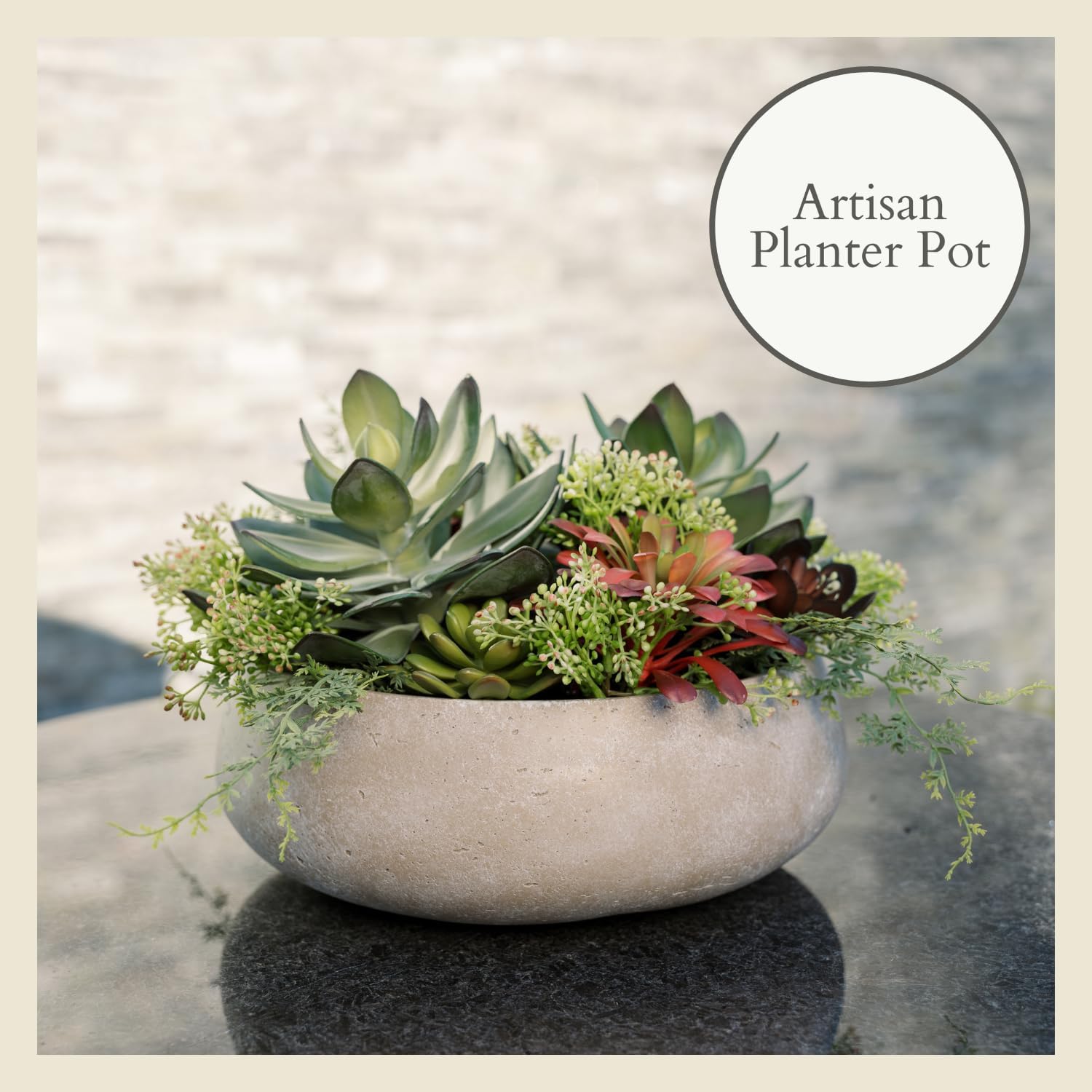 Round Faux Succulent Arrangement, 14" Premium Artificial Indoor Plant Enhances Interior Design, Display on Any Surface in Your Home Adding an Inviting Touch of Nature, Natural Planter Pot Included