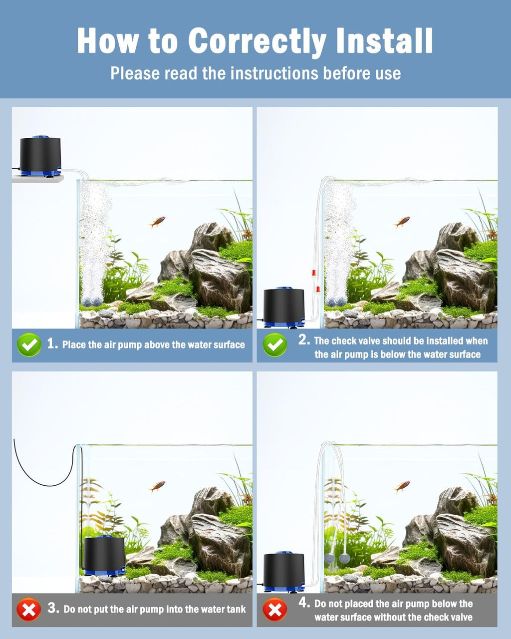 AQQA Aquarium Air Pump, Quiet Powerful Fish Tank Air Pump 3W/6W/10W with Stainless Steel Dual Outlet, Adjustable Oxygen Aerator Pump with Air Stone Bubbler for Fish Tank Up to 200 Gallon 10W (Tubby)