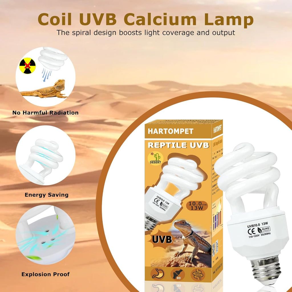 UVB 10.0 Reptile Light 13W, Compact Fluorescent Desert Lamp, High-Output Coil UVB Bulbs for Terrarium Tanks, Suitable for Bearded Dragons, Geckos and Other Desert-Dwelling Reptile