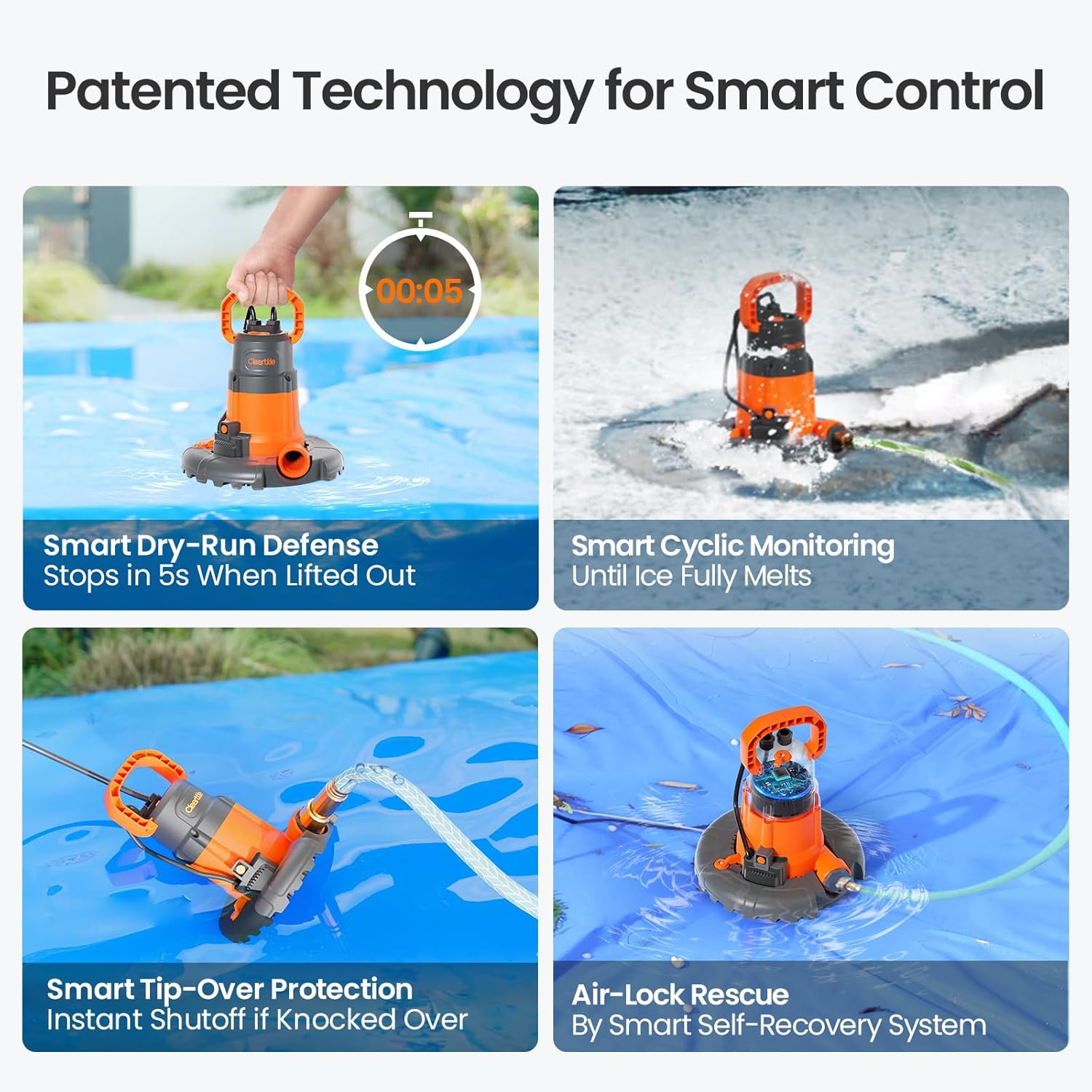 Cleartide 1/3 HP Automatic Pool Cover Pump, Smart Auto/Flexible Manual Mode,120V AC, 2790 GPH Pump for Inground/Above Ground Swimming Pool Cover, Pond, Basement, Window Well, with 25ft Power Cord