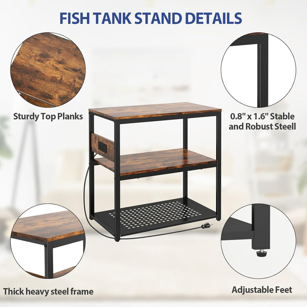 Livofloral 20-29 Gallon Fish Tank Stand With Power Outlets, 3-Tier Metal Aquarium Stands, Breeder Reptile Tank Stand with Shelf for Home Office, 660LBS Capacity, 29.5 x 15.8 x 30.1 inches, Brown