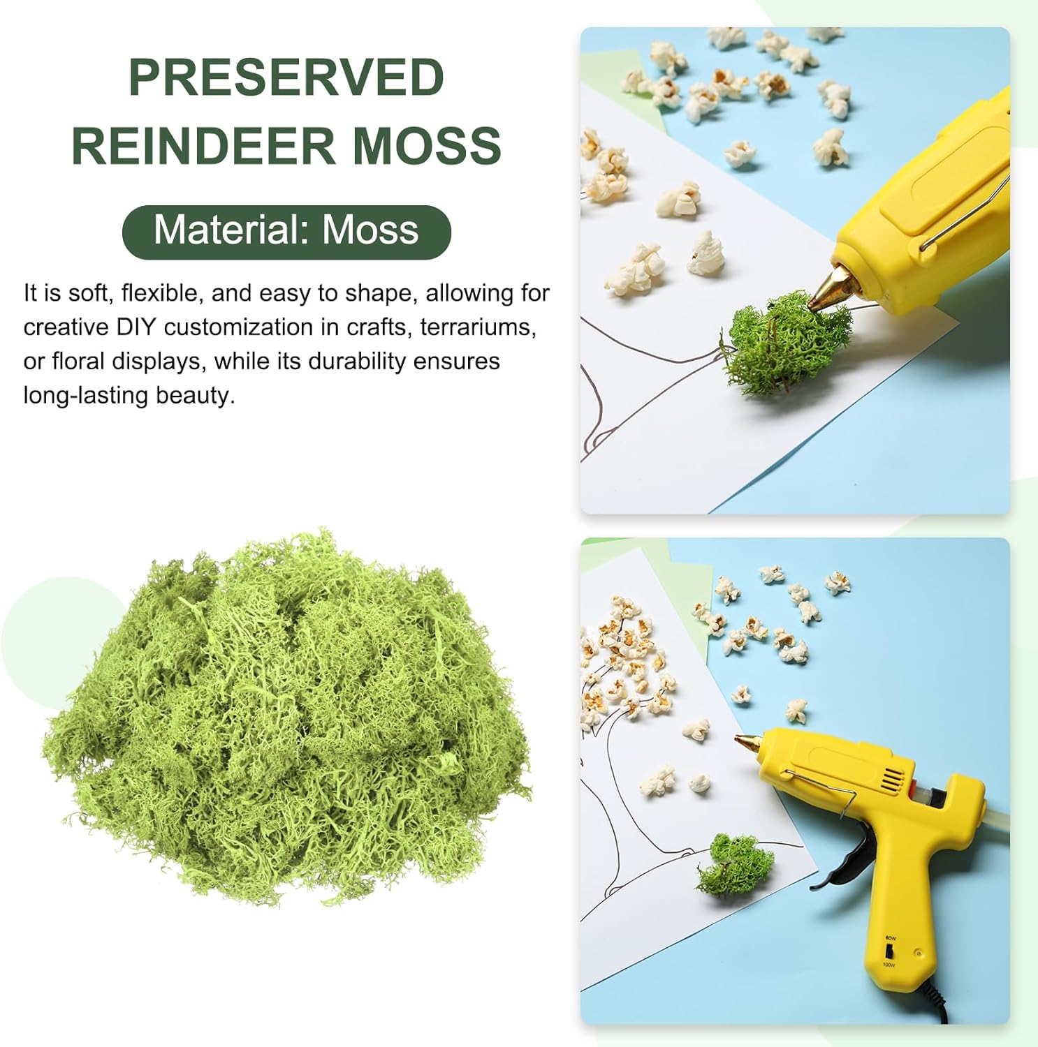 MECCANIXITY 3oz Preserved Reindeer Moss, Bright Green Decorative Artificial Fake Moss for Potted Plants Indoor Crafts Lichen Centerpieces Decor