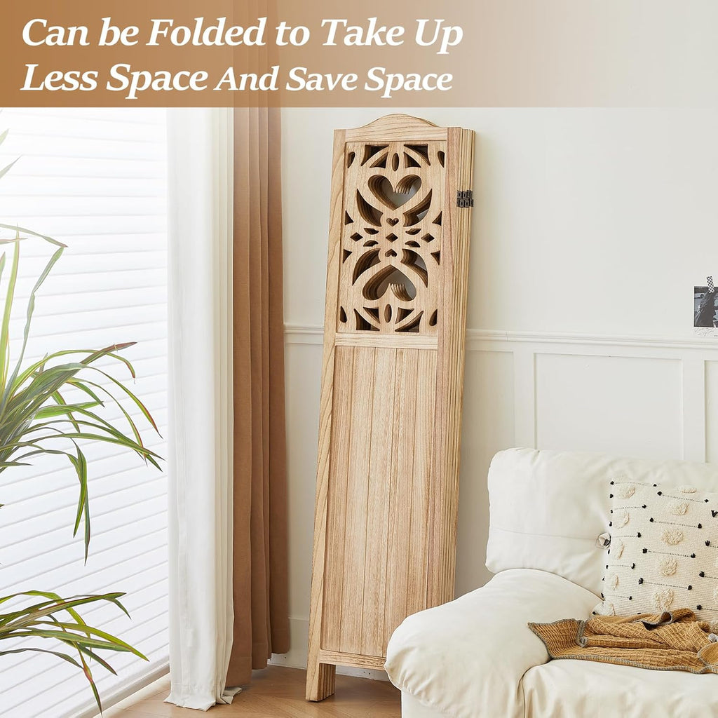 Wood Room Divider 6 Panel 5.6Ft Carved Room Divider and Folding Privacy Screen, Minimalism Portable Partition Screen Divider for Room Separation, Room Decoration for Home Office - Natural