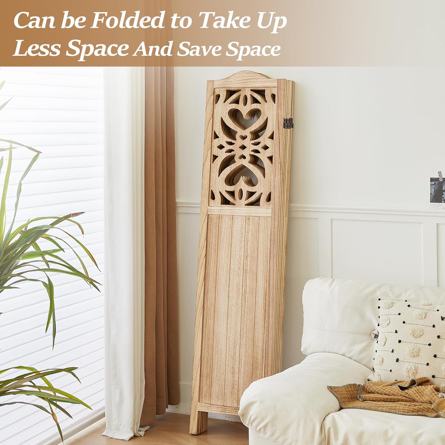 Wood Room Divider 6 Panel 5.6Ft Carved Room Divider and Folding Privacy Screen, Minimalism Portable Partition Screen Divider for Room Separation, Room Decoration for Home Office - Natural