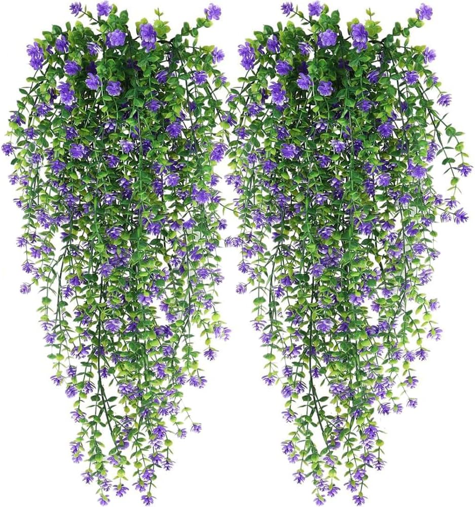 Artificial Hanging Flowers for Outdoor Indoor Decor , 6 packs Fake Eucalyptus Vine Faux Flower Greenery Garland Plastic Plants Outside UV Resistant Wall Garden Wedding Home Party Decor (Purple)
