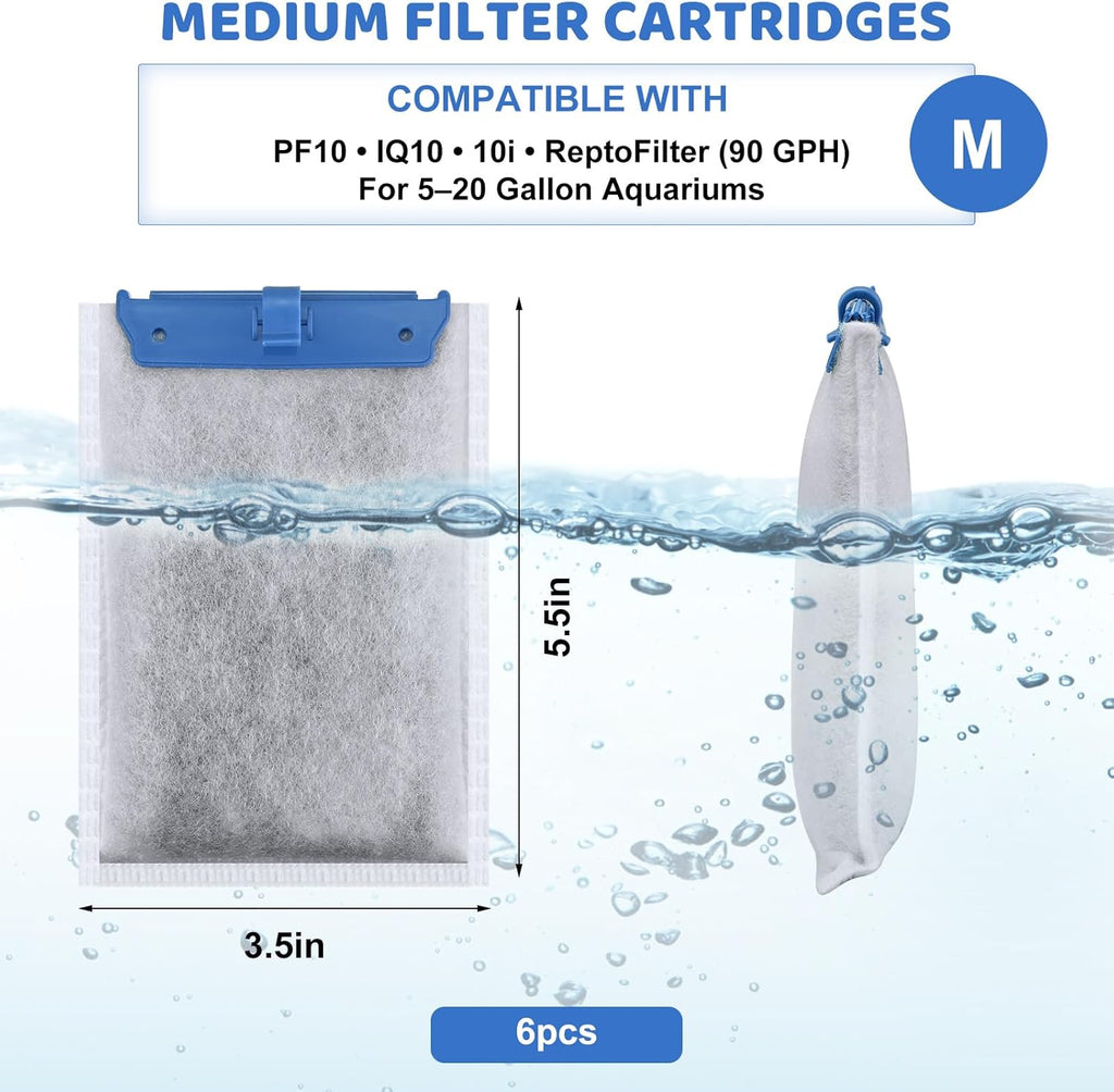 6 Pack Medium Filter Cartridges Replacement - Medium Replacement Filter Cartridge Compatible with Whisper Bio-Bag Filters 10i/IQ10/PF10 &ReptoFilte 20 gallons Keeps Water Clear Easy to Install
