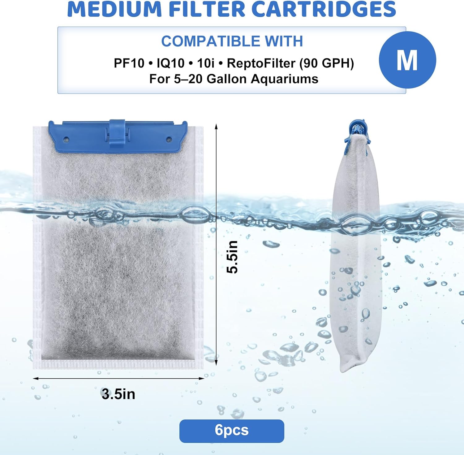 6 Pack Medium Filter Cartridges Replacement - Medium Replacement Filter Cartridge Compatible with Whisper Bio-Bag Filters 10i/IQ10/PF10 &ReptoFilte 20 gallons Keeps Water Clear Easy to Install