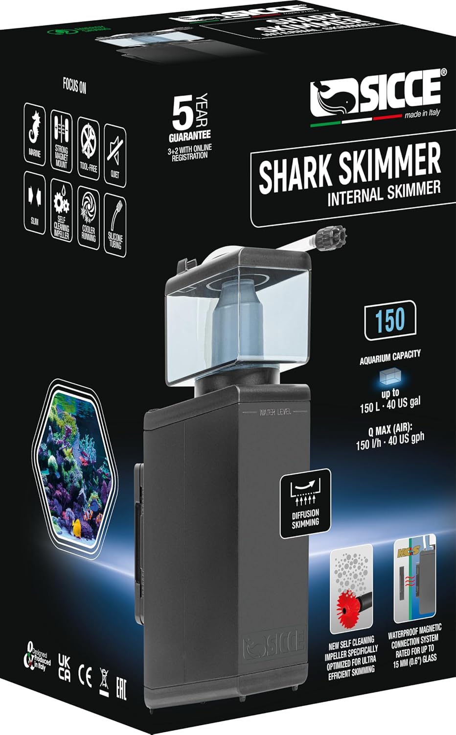 Sicce Shark Nano Protein Skimmer 150 up to 40 Gallon Saltwater Aquariums | Ultra Quiet Pump, Adjustable, Compact, Small Aquarium Marine Reef Tank