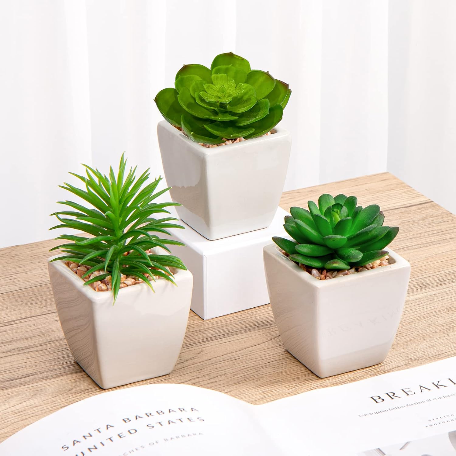 Briful 3PCS Fake Succulents for Farmhouse Tiered Tray Decor Smaller Artificial Potted Plants Faux Plants Indoor Bookshelf Decor House Plants Tabletop Decor in White Ceramic Pot