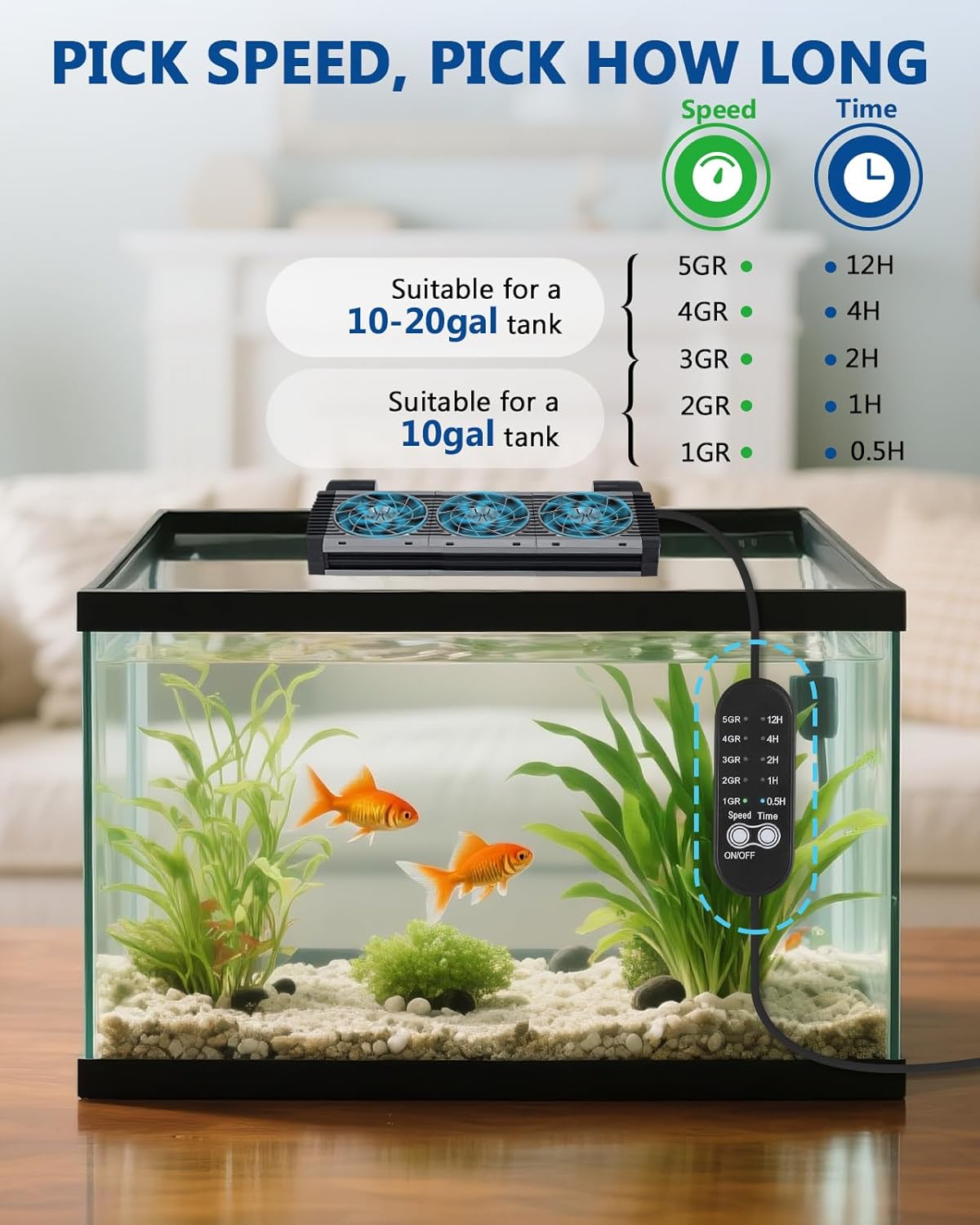 BAOSHISHAN Aquarium Chiller Fan, Powerful Fish Tank Cooling Fans with Adjustable 5 Speed Controller 5 Timer Setting, 180° Rotation Aquarium Cooler Fan Quiet for Tank Home Office