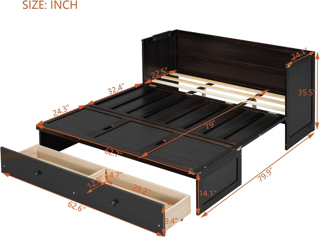 Harper & Bright Designs Queen Murphy Bed with USB Charging Station and Large Drawer, Wooden Queen Size Bed Wall Bed with Storage, Cube Cabinet Bed for Home Office Guest Room Bedroom,Espresso