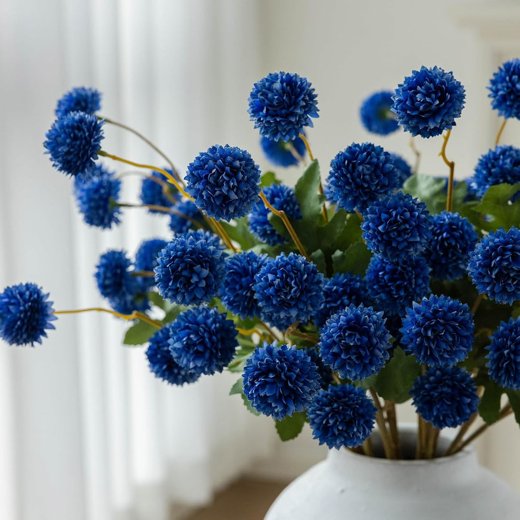 mizii 6Pcs Blue Fake Silk Pompon Mum Artificial Flowers Bulk Small Faux Chrysanthemums with Stems Realistic Floral Decorations for Wedding DIY Bouquet Centerpieces Shower Vase Home Decor (Royal Blue)