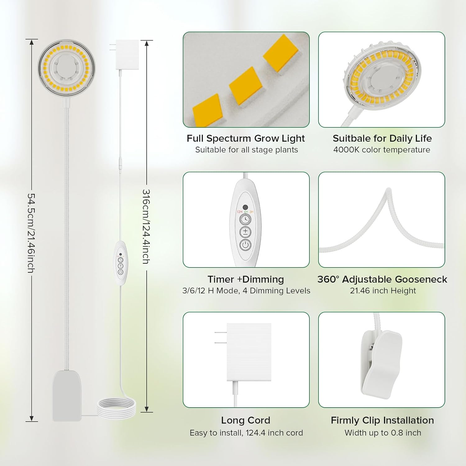 Grow Lights for Indoor Plant, Clip on Plant Grow Lights Full Spectrum, 12W LED Plant Lights for Indoor Growing, Auto On/Off 3/6/12H, 4000K Plant Grow Lamps with 4 Level Dimmable, White 1 Pack
