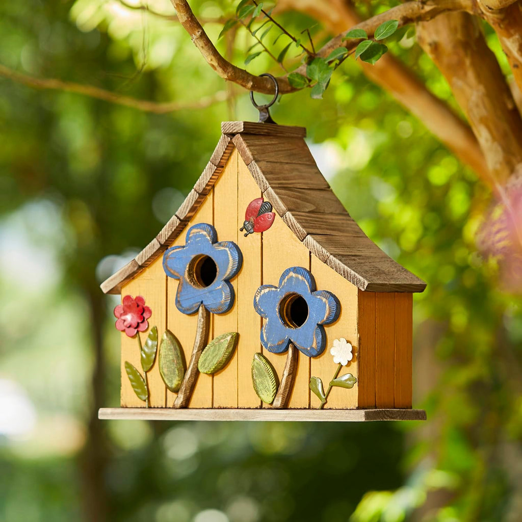 Glitzhome 10.75" L Distressed Solid Wood Hanging Birdhouse with 3D Flowers Rustic Two-Story Townhouse Hand-Painted Garden Bird Houses for Outdoors,Washed Yellow