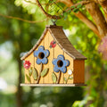Glitzhome 10.75" L Distressed Solid Wood Hanging Birdhouse with 3D Flowers Rustic Two-Story Townhouse Hand-Painted Garden Bird Houses for Outdoors,Washed Yellow