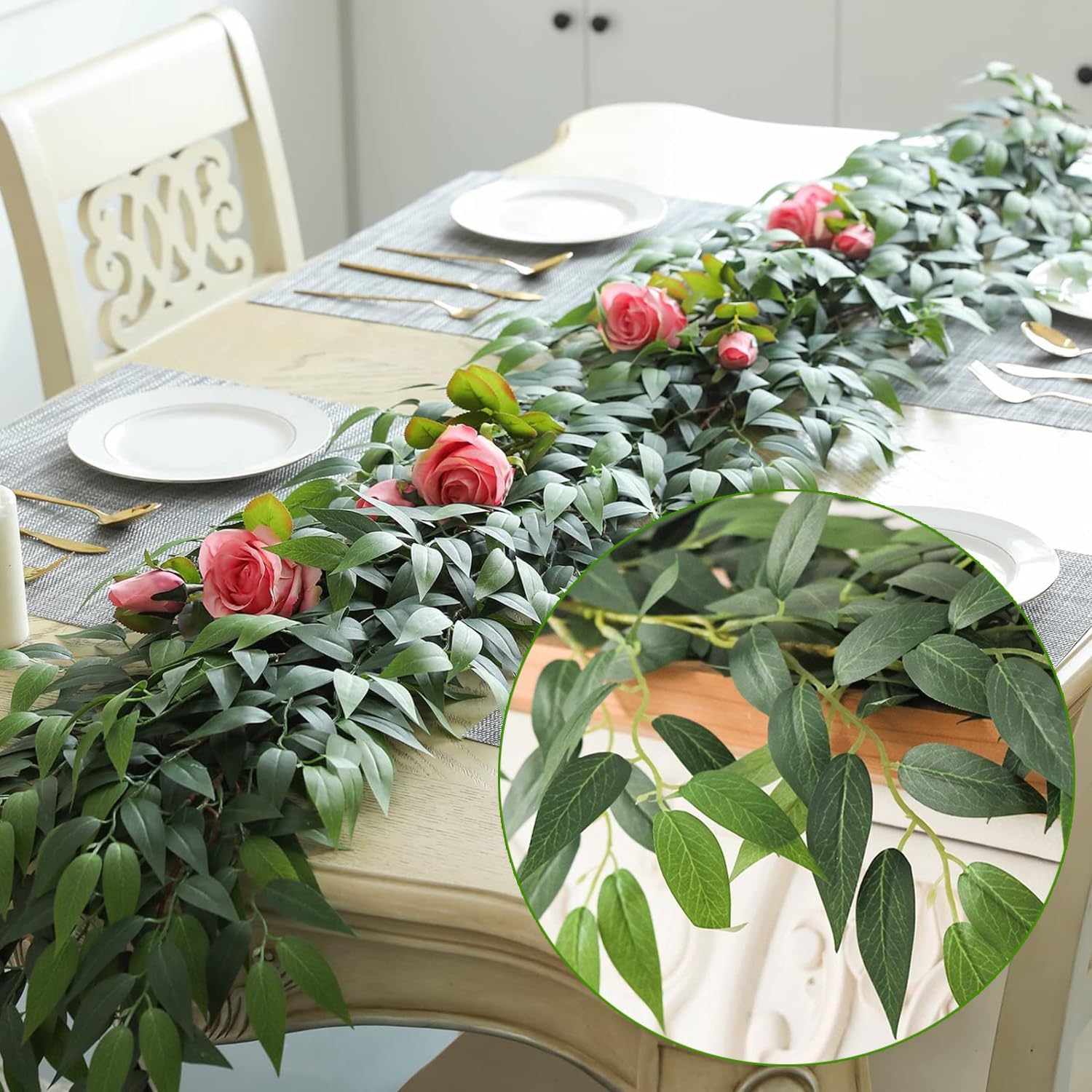 Artificial Italian Ruscus Vines, 3Pcs/75 Silk Vine Garland with Green Leaves, Fake Hanging Plants Greenery Decor for Home, Bedroom, Wall, Party, Wedding Decoration(75inch/3pcs/Vines)