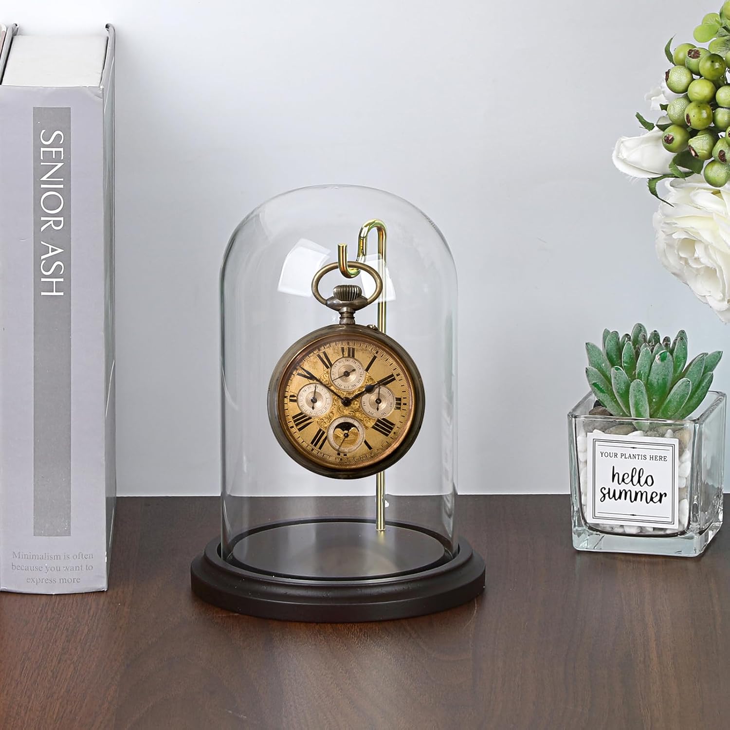 JUXYES Clear Watch Glass Display Dome Cloche With Hook, Dome Cloche with Hook with Wooden Base, Transparent Dome Cloche Bell Terrarium Jar Glass Cloche Bell Jar Display for Watch Ornaments