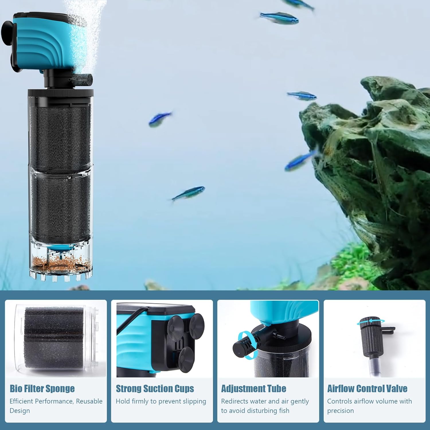 Internal Aquarium Filter, Upgraded 50-150 Gallon Fish Tank Filters, 450GPH Submersible Whisper Pump for Large Turtle Tank with Debris Tray, Check Valve