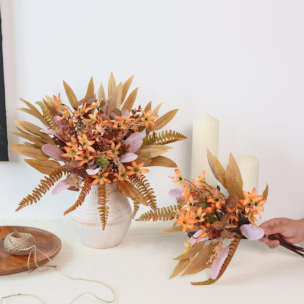 YXZZWL Artificial Greenery Stems Box Set for Fall Decorations，70 Pcs with 8 Kinds of Faux Eucalyptus Branches for Autumn Wedding DIY Bouquets Floral Arrangement Table Centerpieces (Brown & Orange)