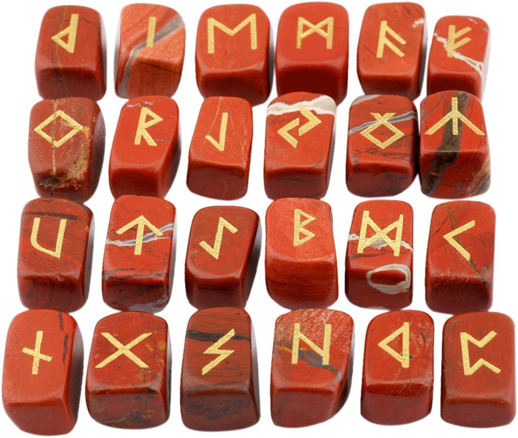 rockcloud Red Jasper Rune Stones Tumbled Engraved Lettering Crystal Set for Wicca Crystals Healing Chakra Reiki