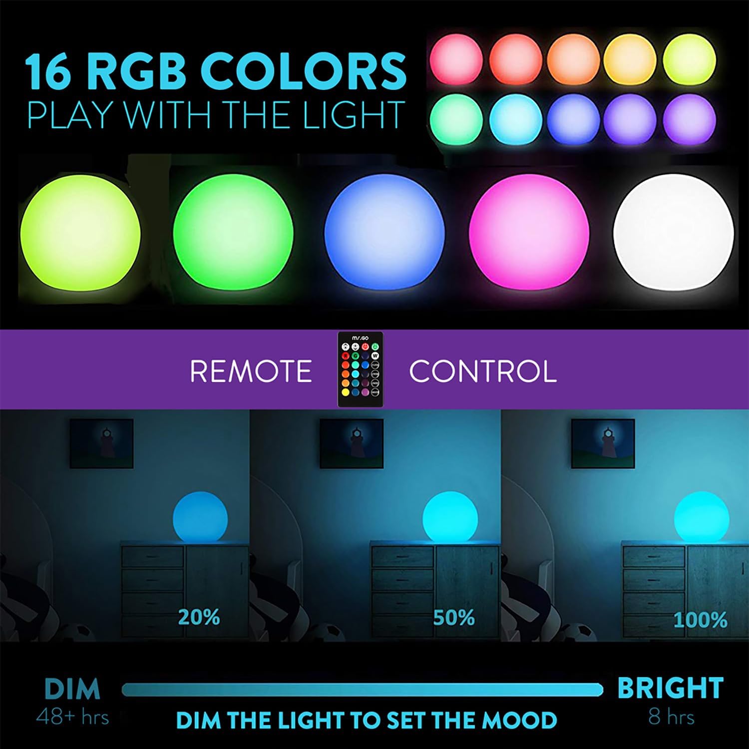 Mr.Go 10" Ultra-Fun Waterproof RGB Color-Changing LED Ball Light Orb Globe Lamp, Dimmable 16 Colors 4 Modes, Ideal for Kids Night Light Party Outdoor Pool Garden Patio Ambient Decorative Lighting