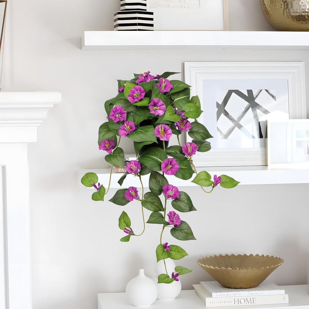 Briful Artificial Hanging Flowers in Pot 25.6" Faux Silk Morning Glory Flower Vine with Cascading Greenery Fake Hanging Plants for Home Office Bathroom Table Shelf Decor(Pink)
