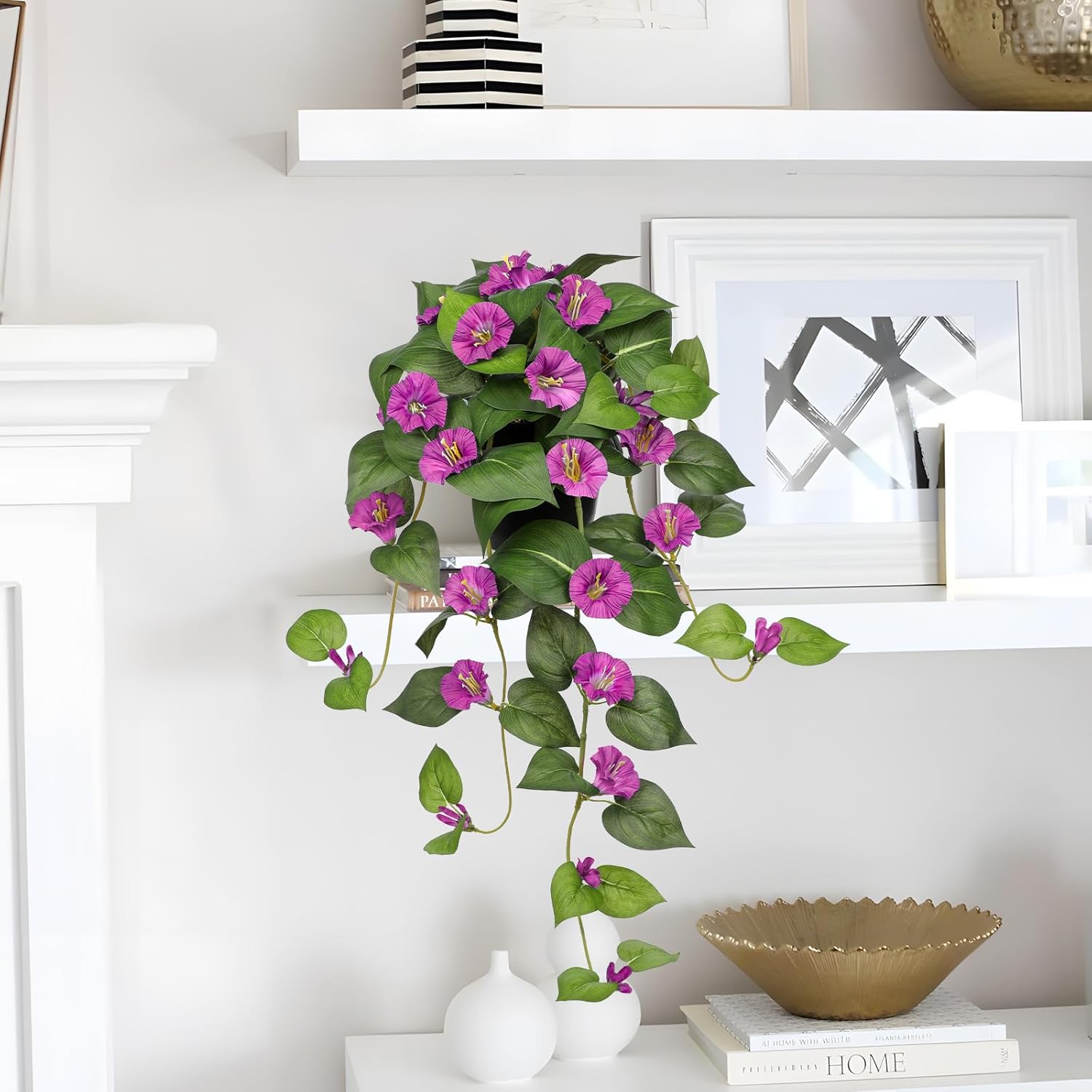 Briful Artificial Hanging Flowers in Pot 25.6" Faux Silk Morning Glory Flower Vine with Cascading Greenery Fake Hanging Plants for Home Office Bathroom Table Shelf Decor(Pink)