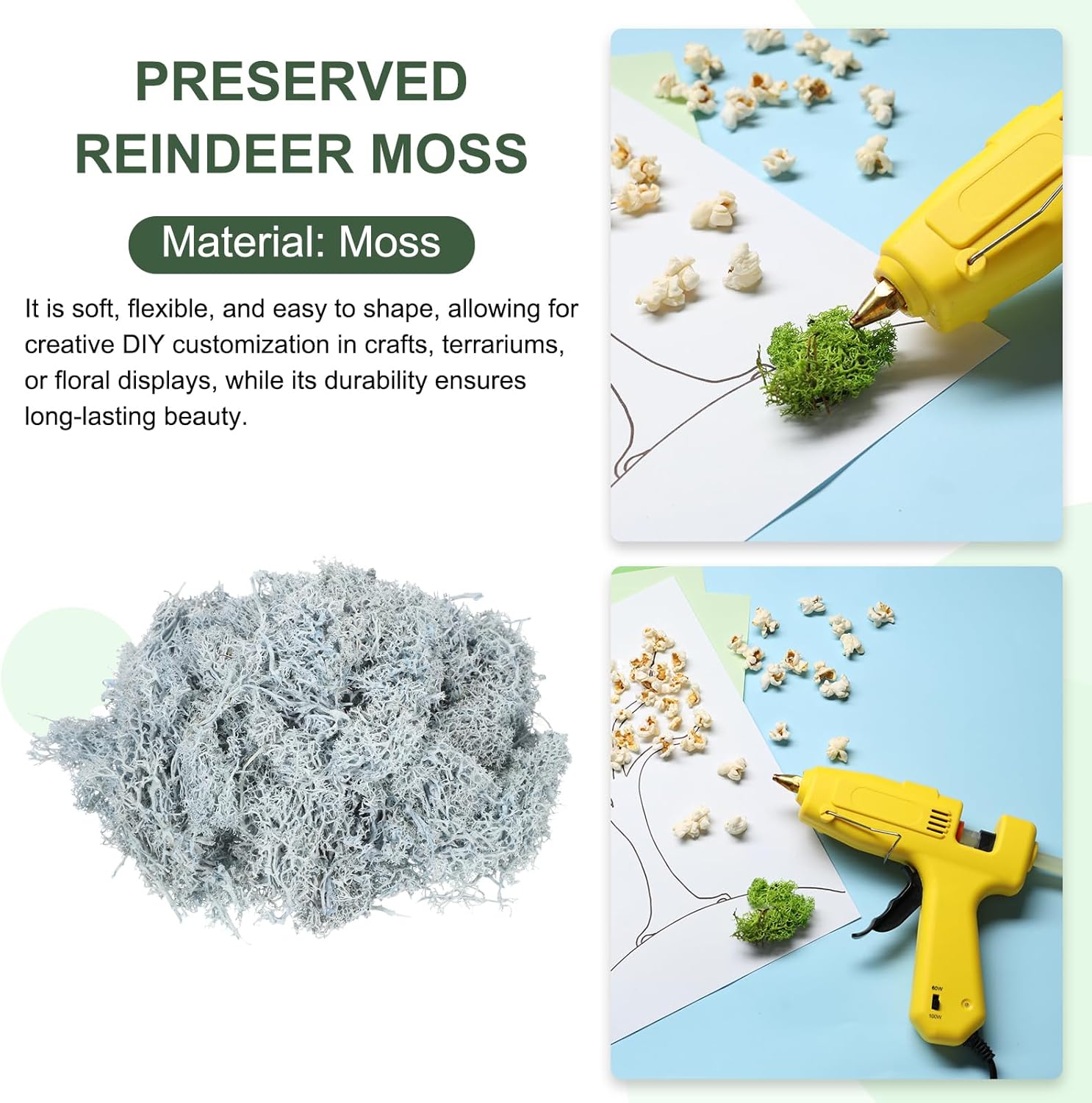 MECCANIXITY 3oz Preserved Reindeer Moss, Light Blue Decorative Artificial Fake Moss for Potted Plants Indoor Crafts Lichen Centerpieces Decor