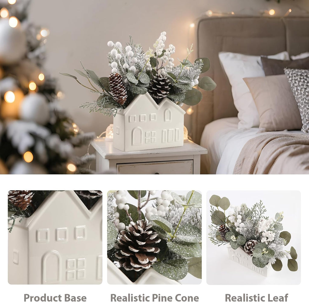 Small Christmas Tree Table Decorations, Artificial Mini Christmas Tree with Pine Cones, Christmas Plants Decorations in Ceramic Pot, Tabletop Ornaments for Home Indoor Fireplace Dining Table Decor