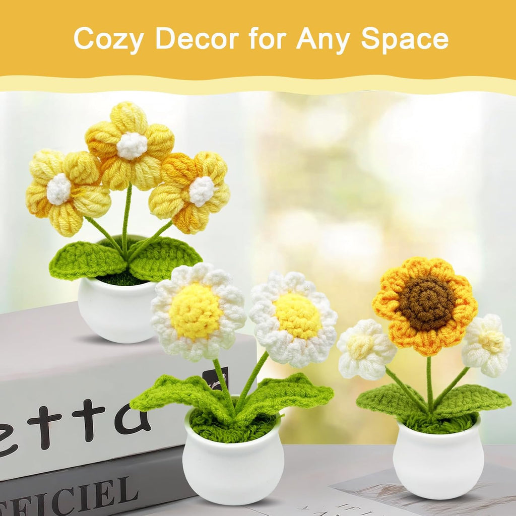 3pcs Crochet Flowers Cute Potted Flower,Mini Flower Bouquet for Mom Wife, Cute Desk Decor for Women,Artificial Handmade Flowers for Car Dashboard,Home Office Decoration (Color#6)
