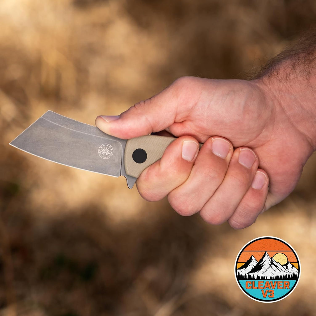 Off-Grid Knives - CLEAVER V3 Folding EDC Knife with Sandvik 14C28N Steel, G10 Scales, Ceramic Bearings, Deep Clip for Left and Right Hand Carry, Drop-Shut Action, Stout Everyday Carry (Coyote)