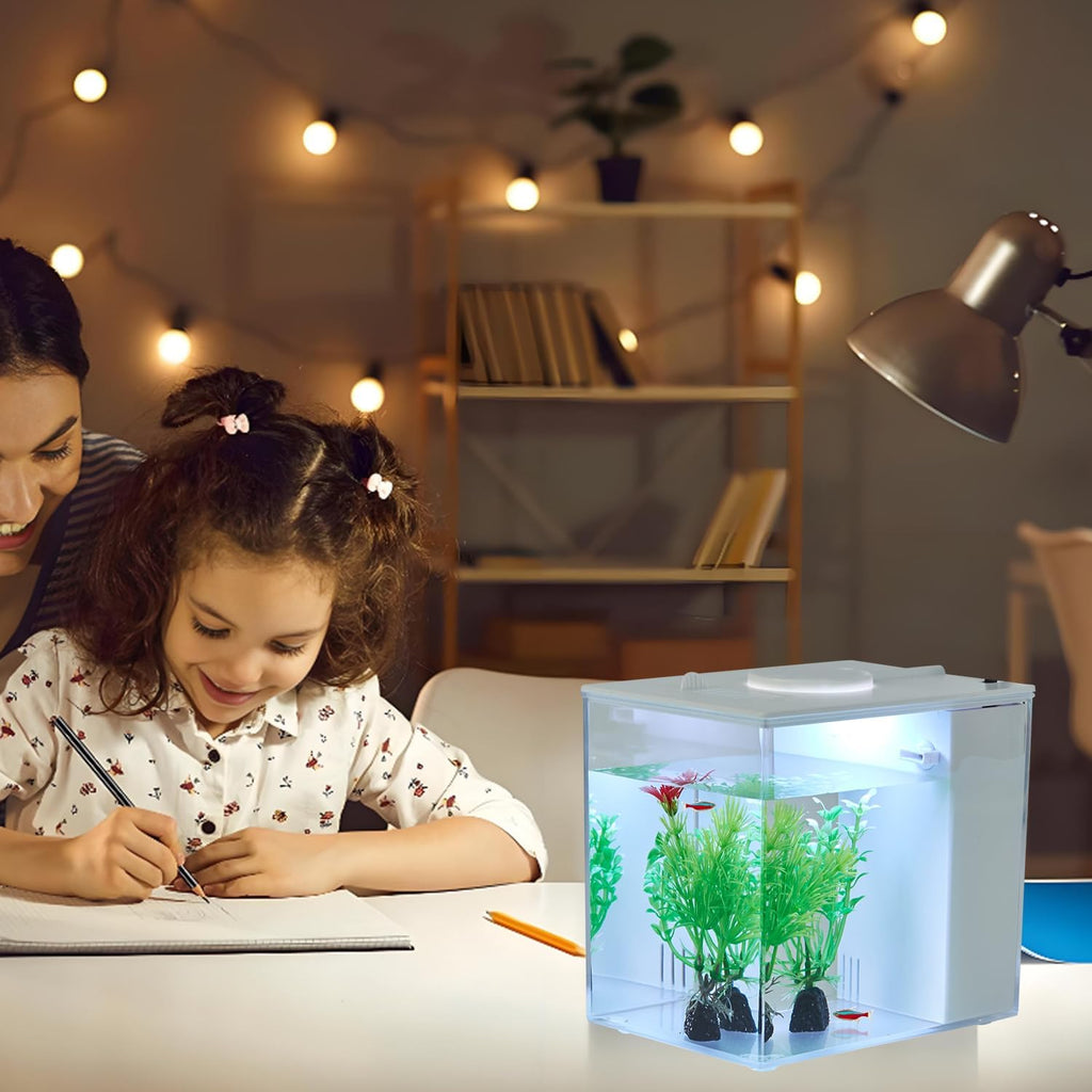 Mini Fish Tank Betta Aquarium Starter Kits Multifunctional Desktop LED Aquarium with Switch Button White, 1 Gallon