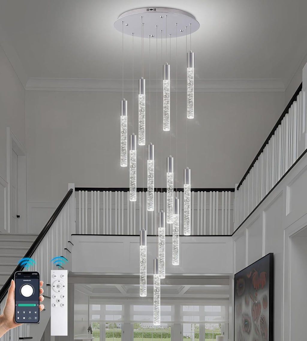 Modern High Ceiling Crystal Chandelier 12-Lights, Large Spiral LED Raindrop Foyer Pendant Lighting, Bubble Staircase Living Room Hanging Light Fixture Flush Mount Chrome