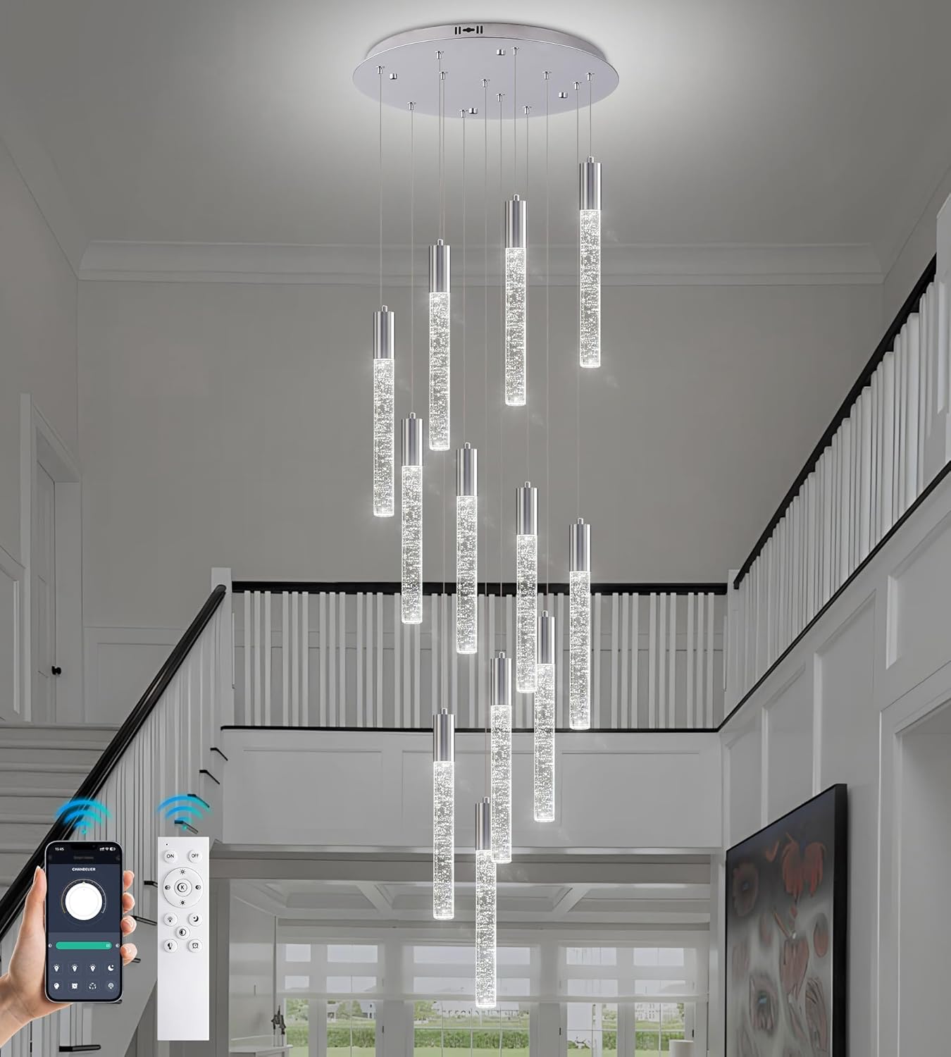 Modern High Ceiling Crystal Chandelier 12-Lights, Large Spiral LED Raindrop Foyer Pendant Lighting, Bubble Staircase Living Room Hanging Light Fixture Flush Mount Chrome