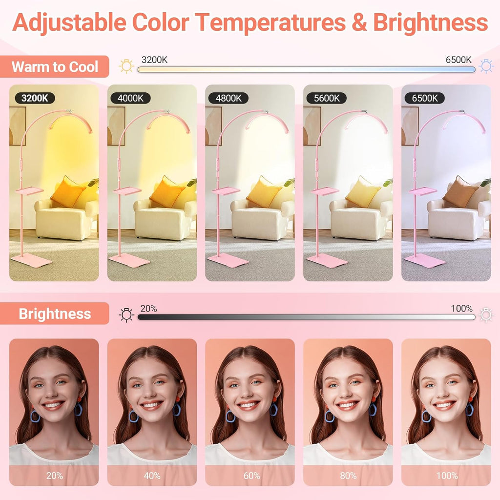 LIONVISON Half Moon Lash Light: 6500K LED Lamp Ring Light with Tray - 360° Flexible Gooseneck Durable Metal Stand - Salon Use for Lash Artists Eyelash Extensions (18In Pink)