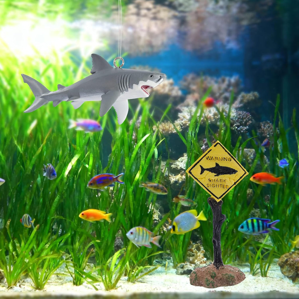 Fish Tank Decor Set, Plastic Great White Shark Statue with Floating Ball and a Warning Sign Decor, Fish Tank Decorations, Fish Aquariums Accessories, Aquarium Decor