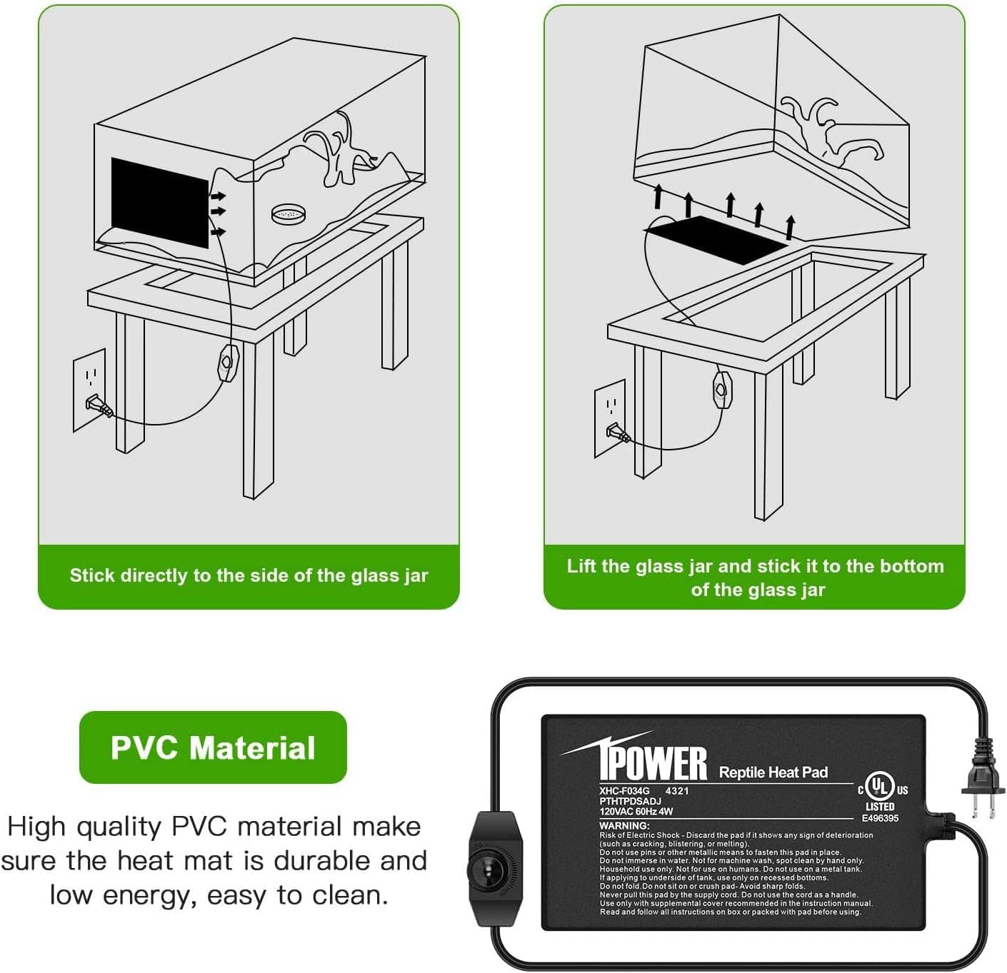 iPower 4x7 Inch Reptile Heating Pad with Adjustable Controller Knob, Under Tank Heater Mat for Turtles, Lizards, Snakes, Amphibians & Small Pets, 2 Pack