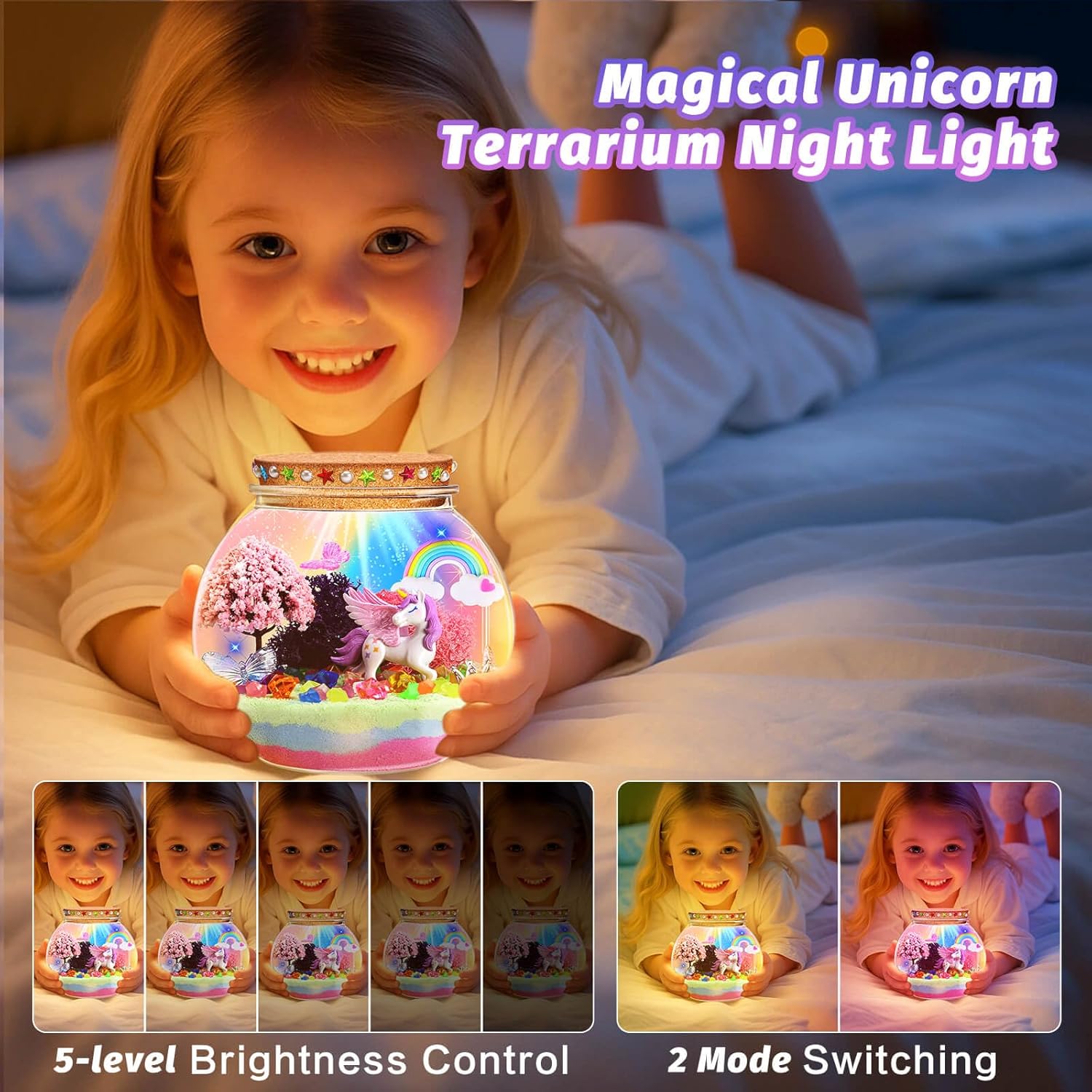 Unicorn Light-Up Terrarium Kit for Kids - Multicolor LED Night Light Birthday Gifts - Unicorn Toys for Girls Ages 4-6 7 8 9 10 Year Old - Kids Arts and Crafts Kit