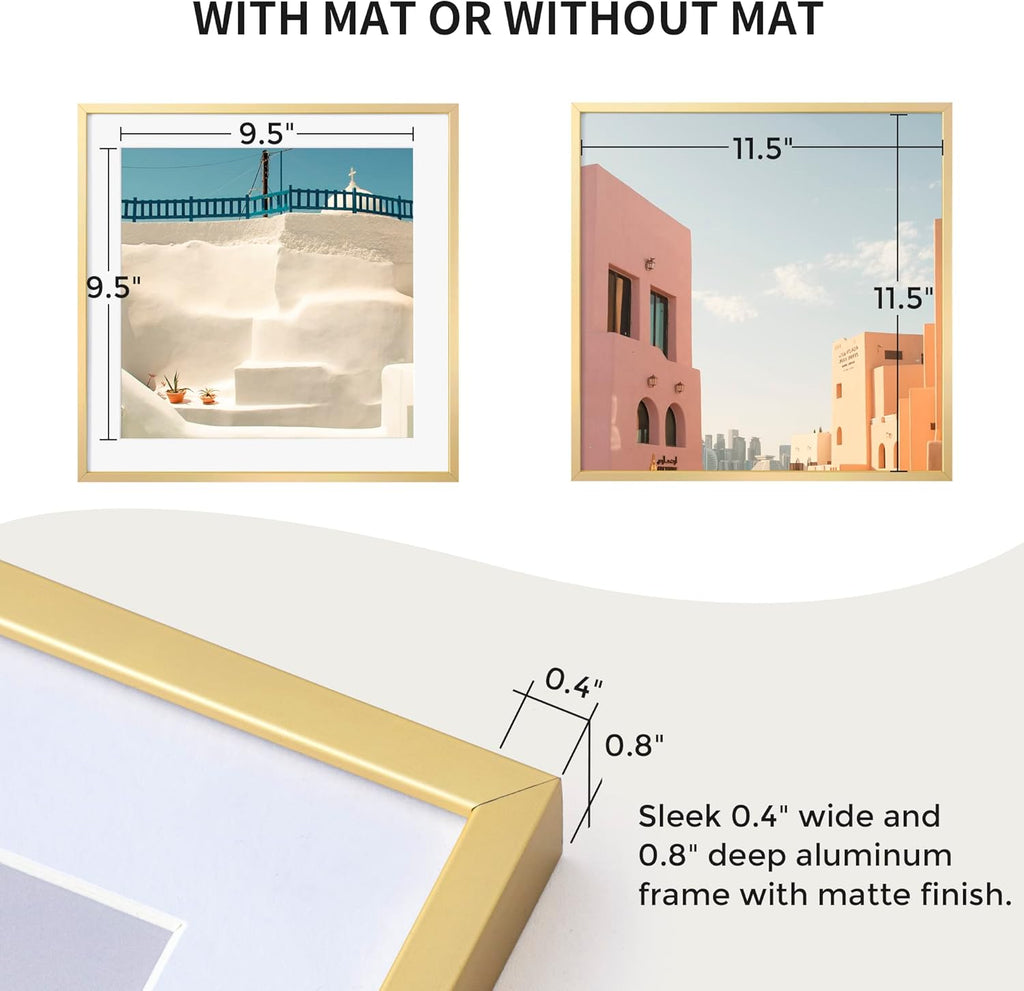 12x12 Metal Picture Frame with 10x10 Mat, Brushed Aluminum Finish, Attached Hanging Hardware, and Tempered Glass Front - Versatile Vertical or Horizontal Wall Display Frames(Gold, Pack of 3)