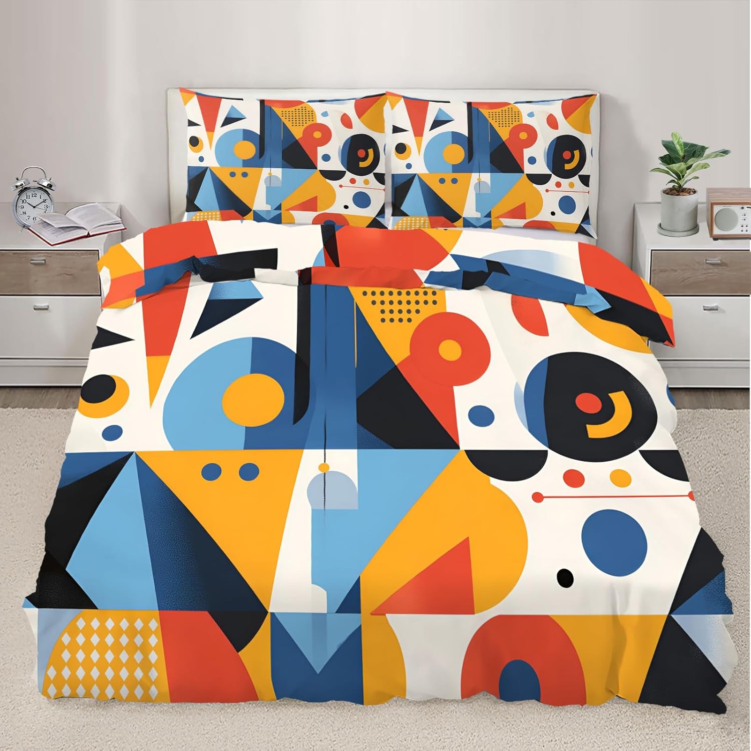 Mid Century Duvet Cover Queen Size, Colorful Geometry Bedding Set 3 Piece Bedroom Decor Modern Abstract Art Comforter Cover and 2 Pillow Sham with Zipper Closure