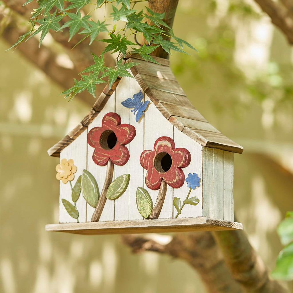 Glitzhome 10.75" L Distressed Solid Wood Hanging Birdhouse with 3D Flowers Rustic Two-Story Townhouse Hand-Painted Garden Bird Houses for Outdoors,Washed White