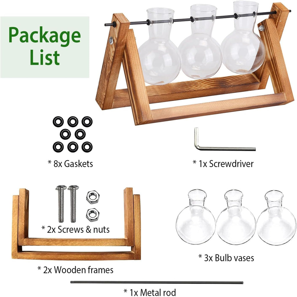 Plant Propagation Station, Plant Terrarium with Wooden Stand, Tabletop Glass Planter Desktop Plant Propagation Vase with Metal Swivel Holder for Hydroponics Plants - 3 Bulb Vases
