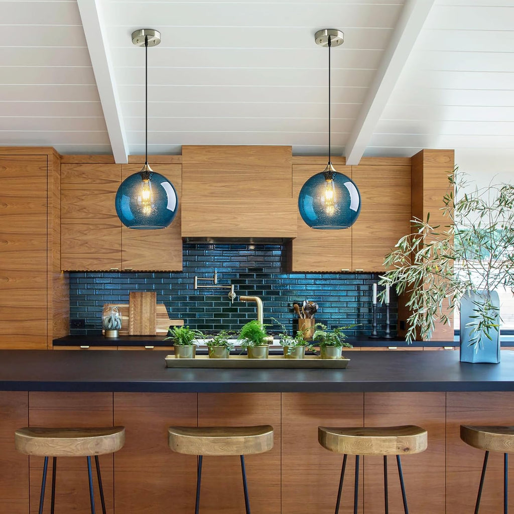 Blue Glass Pendant Lights Kitchen Island Lighting Globe Pendant Light Fixtures Modern Pendant Lighting for Kitchen Island Bedroom Living Dining Room Light Fixture(9.84in, 3-Pack)