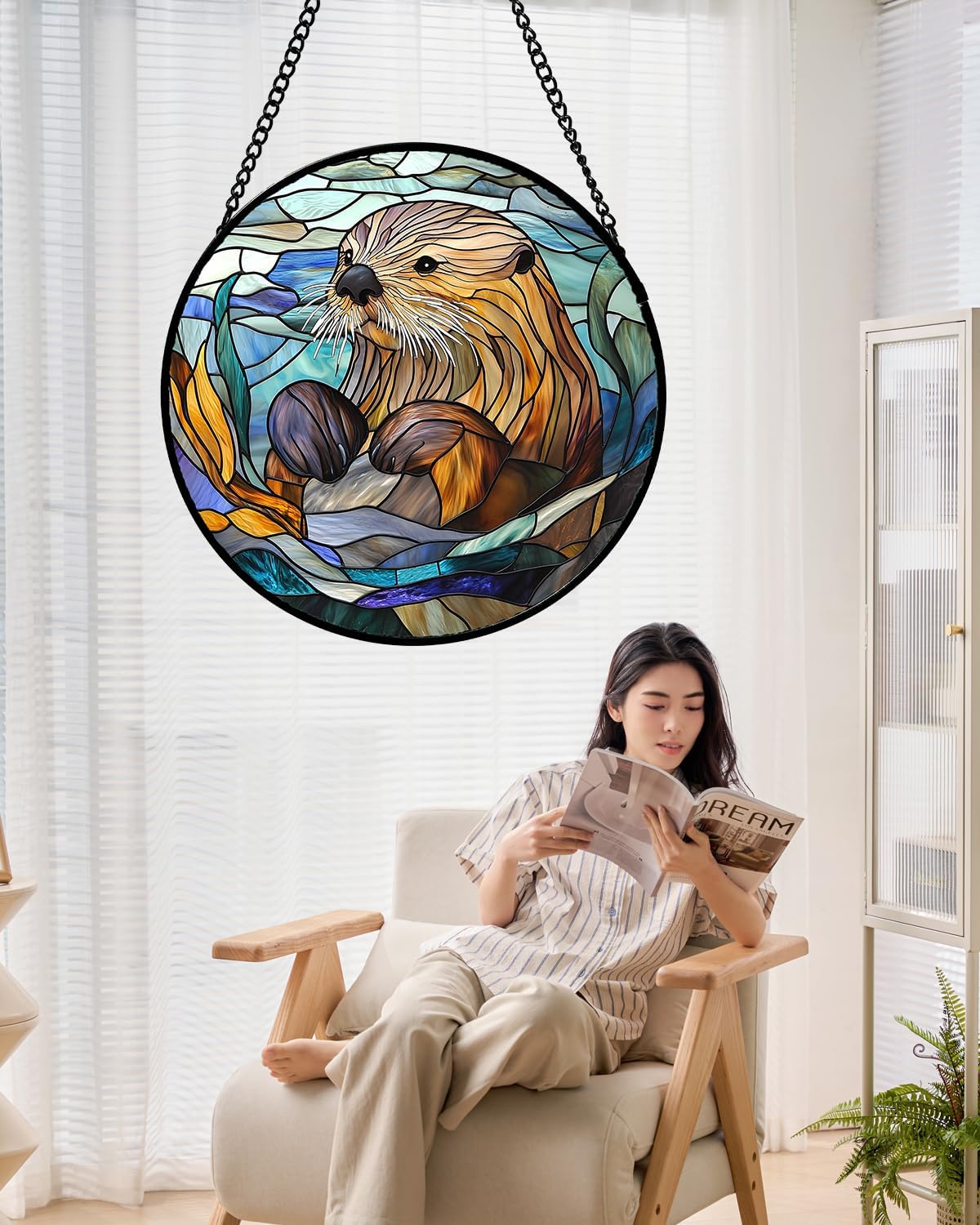 Stained Glass Suncatcher, Blue Ocean Cute Sea Otter Sun Catcher Stain Glass Window Hanging Decoration Mother's Day Birthday Gifts for Women Men Mom Nana 15 in