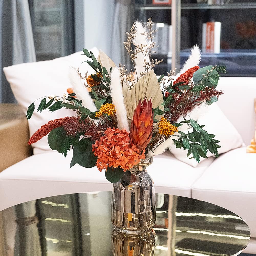 Natural Dried Flower Bouquet - Fall Pampas Grass & Eucalyptus Decor, Preserved Plants Bundle for Vases, Rustic Floral Arrangements for Home Wedding Table Centerpiece Decorations